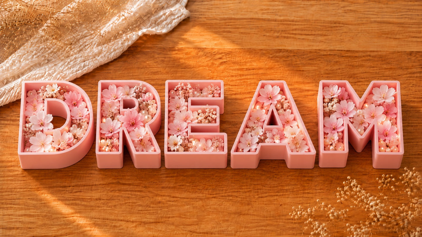 Lettere 3D riempibili DREAM rosa con fiori
