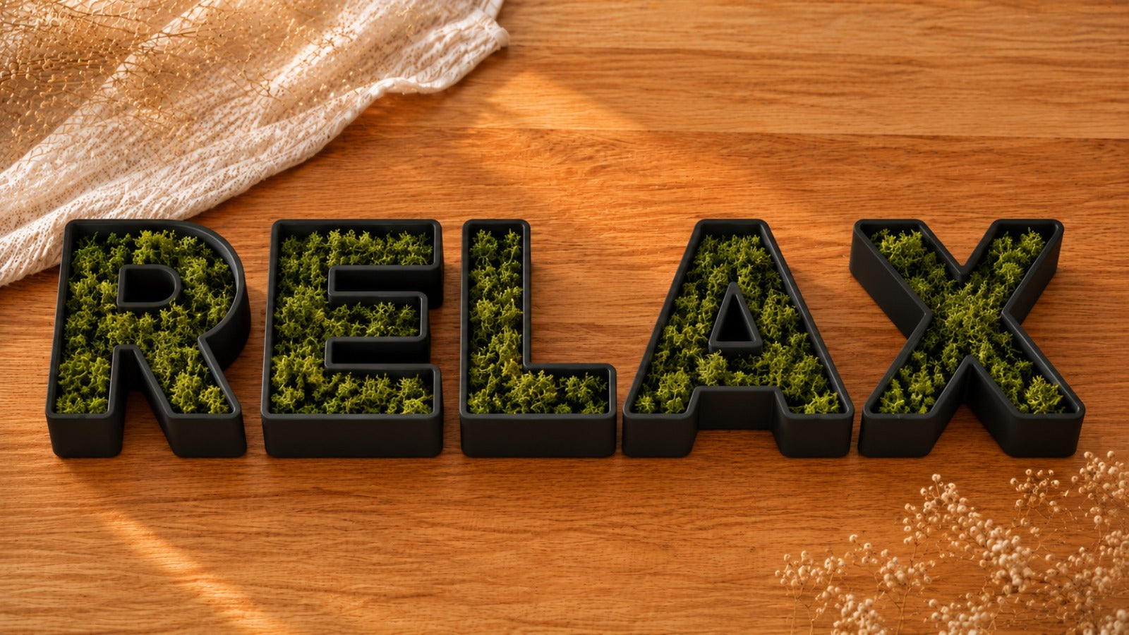Lettere 3D riempibili RELAX nere con muschio