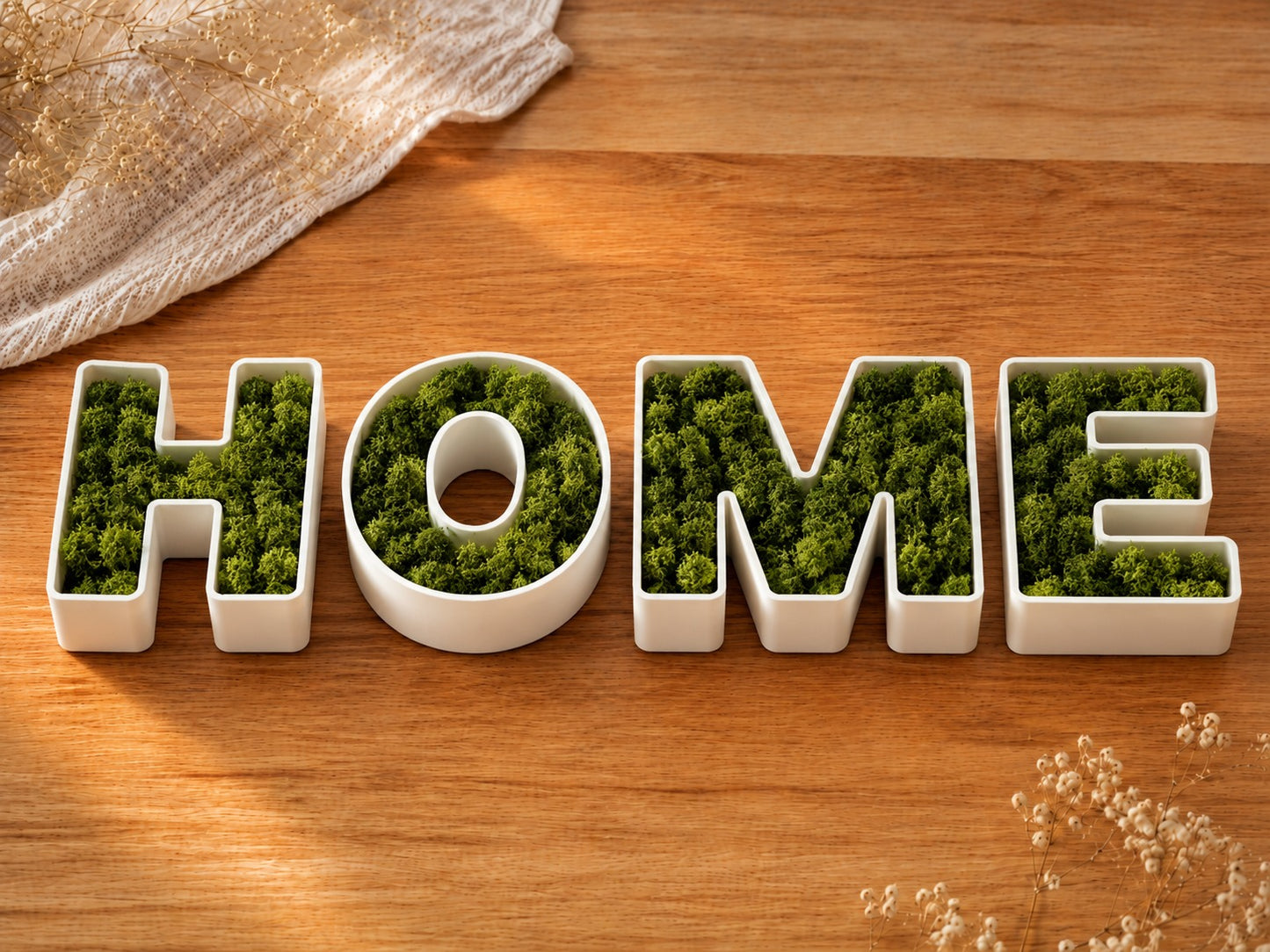 Lettere 3D riempibili HOME bianche con muschio